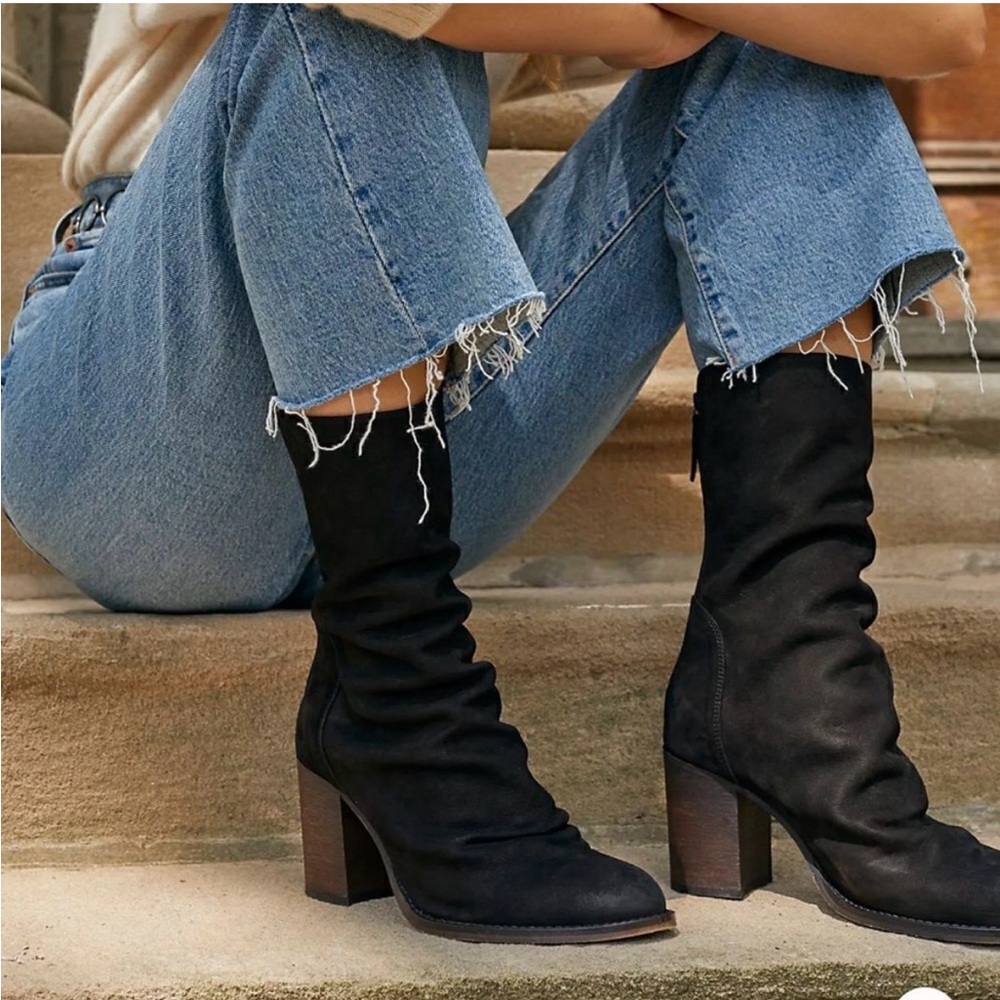 Free People Elle Block Heel Black Suede Slouchy Boho Boots
